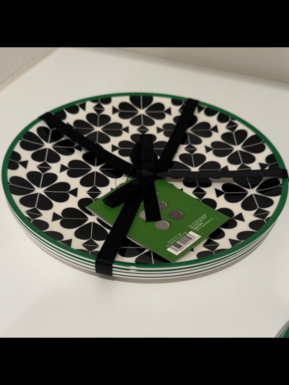 Kate Spade Black & White Floral Dinner Side Plates with Green Rim